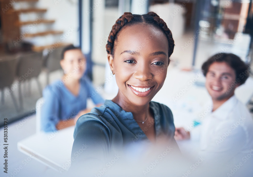 Poster Whiteboard, leader and business people in a meeting presentation writing group project ideas. Diversity, collaboration and marketing team planning a creative development strategy with a black woman