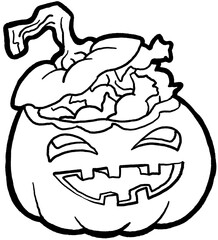Halloween pumpkin monster head hand drawn illustration. Big round orange pumpkin. Cute and scary face ghost. Poster print design, party decoration, invitation deco.