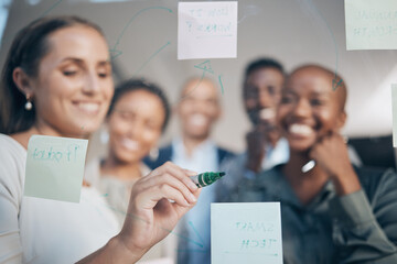 Business, collaboration and work planning in a team project meeting at a office. Happy, diversity and teamwork of a working, corporate and advertising company with sticky notes for marketing strategy
