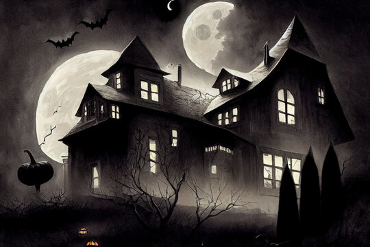 Dark halloween house with moon painting, illustration, drawing v1