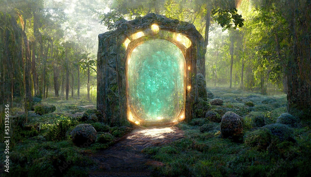 Poster in the center of the rainforest is a portal to another dimension. 3d illustration