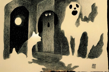 dog sitting as a ghost for halloween in front of the door at home entrance with pumpkin lantern or light , scary and spooky, for a trick or treat , Hand drawn v2
