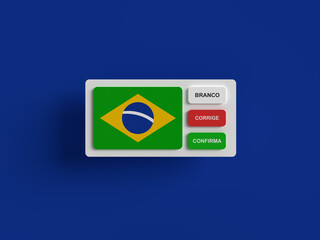 3d rendering of brazilian electronic voting machine buttons next to brazil flag on blue background
