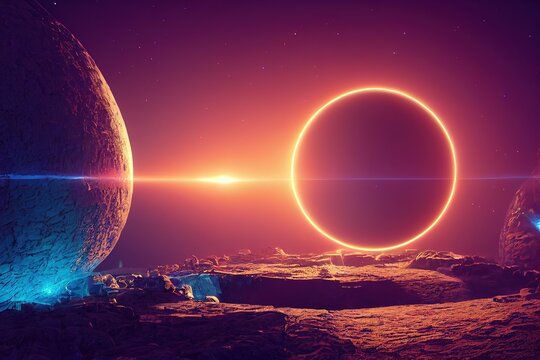 A penultimate eclipse of the sun over a rocky desert. 3D illustration