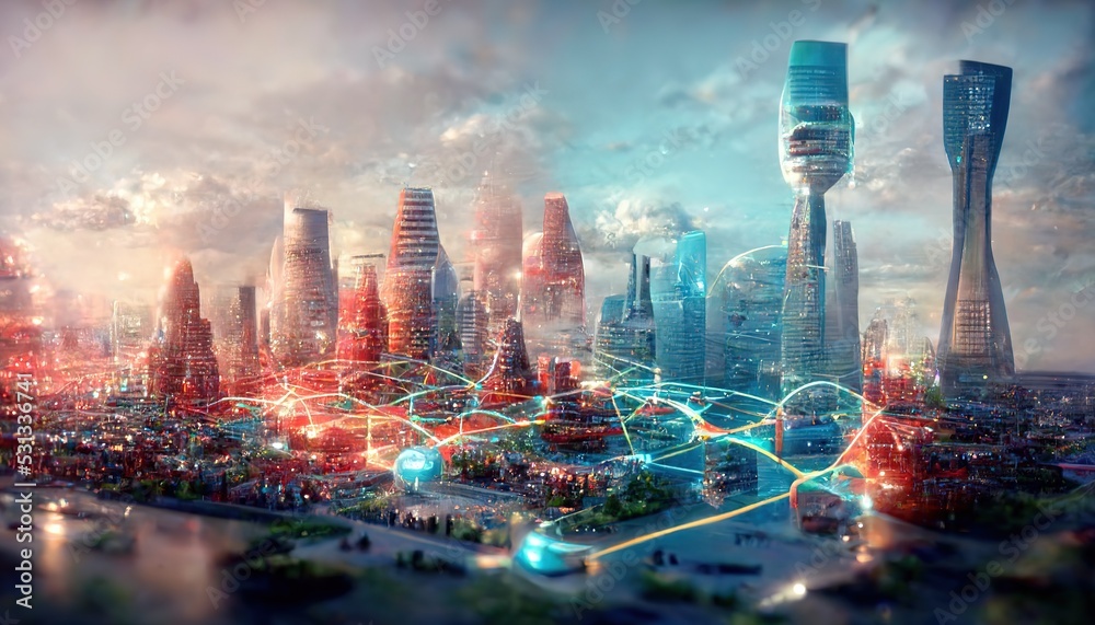 Poster the end of the layout of the ecological district of the future. 3d illustration