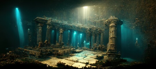 De ruïnes van de tempel van het oude Rome onder water. 3D-rendering