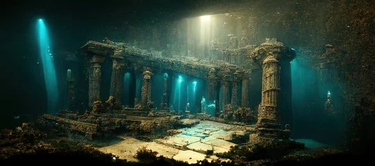 Selbstklebende Fototapete Anbetungsstätte Die Ruinen des Tempels des antiken Roms unter Wasser. 3D-Rendering