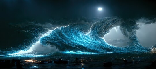 The wreck floats amidst the storm in the sea. 3D illustration - obrazy, fototapety, plakaty