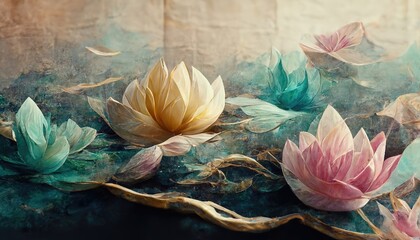 Lotus flowers float on the blue water surface. 3D rendering - obrazy, fototapety, plakaty