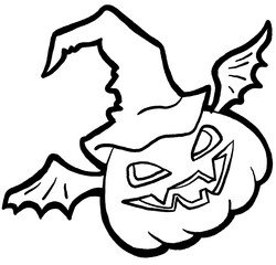 Halloween pumpkin monster head hand drawn illustration. Big round orange pumpkin. Cute and scary face ghost. Poster print design, party decoration, invitation deco.