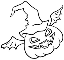 Halloween pumpkin monster head hand drawn illustration. Big round orange pumpkin. Cute and scary face ghost. Poster print design, party decoration, invitation deco.