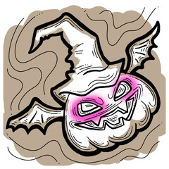 Halloween pumpkin monster head hand drawn illustration. Big round orange pumpkin. Cute and scary face ghost. Poster print design, party decoration, invitation deco.