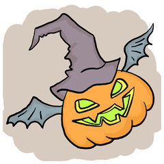 Halloween pumpkin monster head hand drawn illustration. Big round orange pumpkin. Cute and scary face ghost. Poster print design, party decoration, invitation deco.