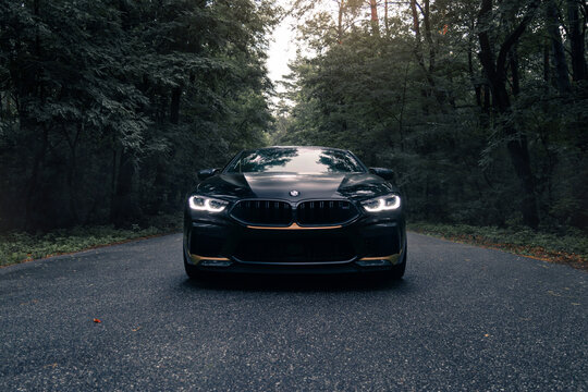 BMW M8 F92 Competition in the forest. Kyiv, Ukraine - September 2022.