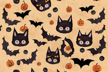 Fun hand drawn Halloween pattern with cats, hats, bats and decoration - great for textiles, banners, wallpapers, wrapping - design , Hand drawn v3
