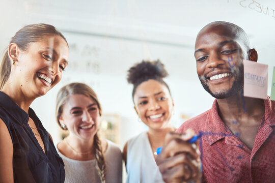 Project manager, ideas and planning while writing on a glass board for vision, schedule or business strategy. Black leader sharing motivation, mission and company growth with diversity team in office