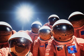 Group of astronauts make a selfie In the space, explores the surface of Mars.  - obrazy, fototapety, plakaty
