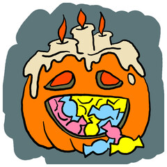 Halloween pumpkin monster head hand drawn illustration. Big round orange pumpkin. Cute and scary face ghost. Poster print design, party decoration, invitation deco.