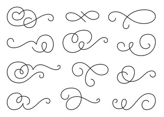 Calligraphic design element set, swirl twirl ornament. Decorative curls, swirls flourishes, divider, swashes and filigree line ornaments for menu, certificate, diploma, wedding card, invatation