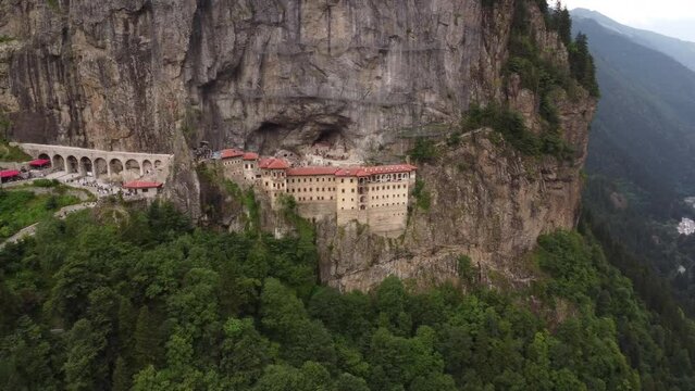 Aerial around view of mountain Sumela Monastery in Trabzon Province of Turkey, 4k