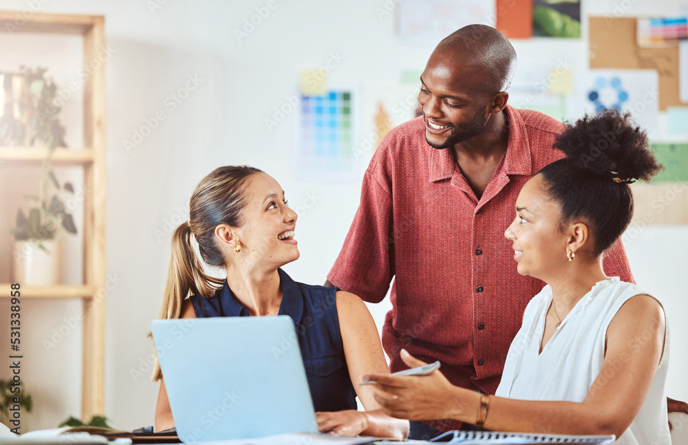 Poster creative business team planning in a meeting with laptop in modern startup office while discuss a st