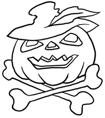 Halloween pumpkin monster head hand drawn illustration. Big round orange pumpkin. Cute and scary face ghost. Poster print design, party decoration, invitation deco.