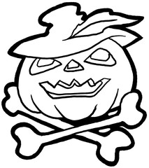 Halloween pumpkin monster head hand drawn illustration. Big round orange pumpkin. Cute and scary face ghost. Poster print design, party decoration, invitation deco.