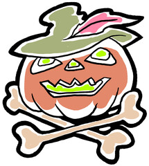 Naklejka premium Halloween pumpkin monster head hand drawn illustration. Big round orange pumpkin. Cute and scary face ghost. Poster print design, party decoration, invitation deco.