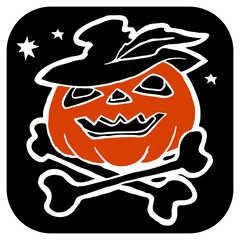 Halloween pumpkin monster head hand drawn illustration. Big round orange pumpkin. Cute and scary face ghost. Poster print design, party decoration, invitation deco.