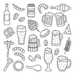 Hand drawn set of beer and snacks doodle. Brewery in sketch style. Vector illustration isolated on white background