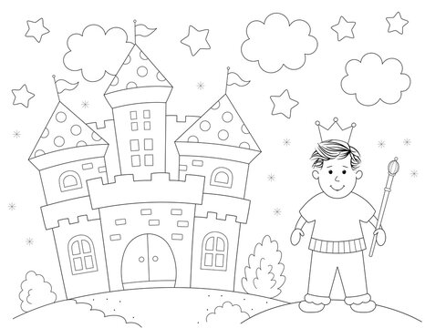 castle and prince cute coloring page for kids. you can print it on standard 8.5x11 inch paper