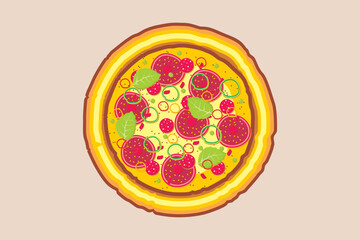 Pizza vector. Melted pizza cheese. Illustration of delicious pizza full of toppings