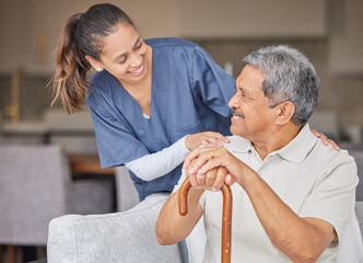 Healthcare, kindness and support with nurse helping elderly patient in assisted living home, smile...
