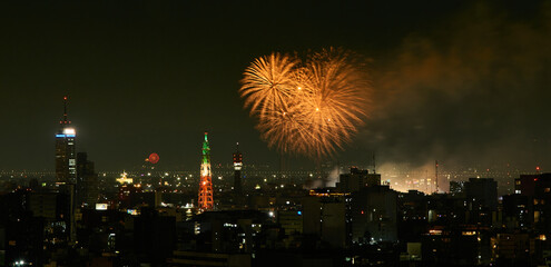 fireworks celebrating mexico's independence day, panoramic view of mexico city at night