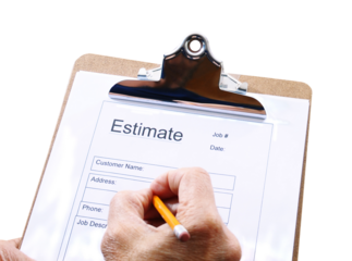 Closeup of a Contractor, writing an estimate for home repairs, on a clipboard