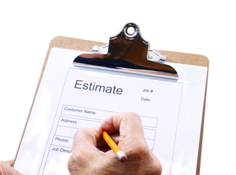Closeup of a Contractor, writing an estimate for home repairs, on a clipboard - Powered by Adobe