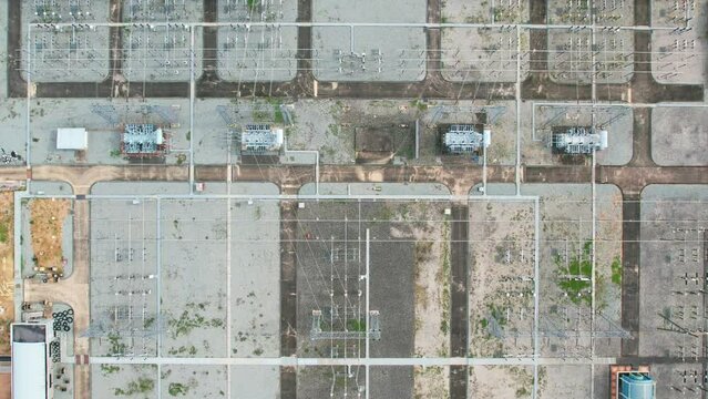 Aerial view of Electrical substation, power lines and transformers. electric power concept. 4k stock footage. drone
