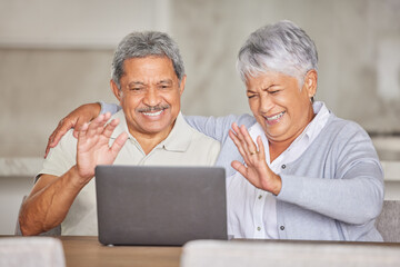 Video call, laptop and senior couple networking online with home wifi looking relax, happy and healthy in retirement. Virtual zoom communication elderly people and woman for global love connection - Powered by Adobe