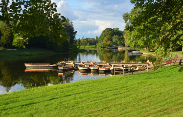 Woerlitz, Germany, beautiful view over the gardens and the pond with boats