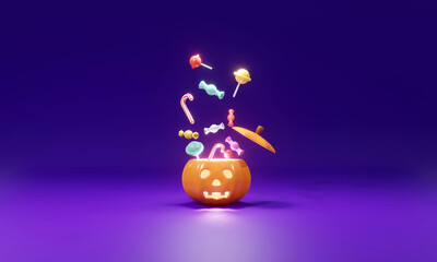 3D Rendering concept of cute little 
pumpkin open with candy for trick or treat Halloween on background. 3d render cartoon style.