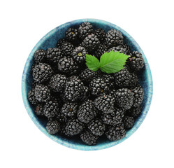 Tasty ripe blackberries in bowl isolated on white, top view