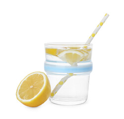 Glass with water and sliced lemon on white background