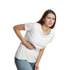 Fototapeta premium Young woman suffering from liver pain on white background
