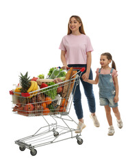 Mother and daughter with full shopping cart on white background