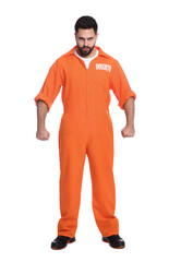 Emotional prisoner in jumpsuit on white background