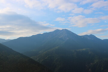 まだらな雲のある青空と高くそびえる山々