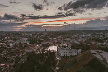 Beautiful Vilnius city panorama in winter. Aerial sunset view. Winter city scenery in Lithuania.
