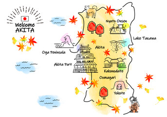 秋の秋田の観光地シンプル線画イラストマップ