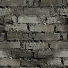 Seamless image of an old wall made of dark gray, worn brick. Dark seamless background with vignette. Brick texture.
