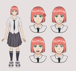 Sprite sheet of an anime girl with bob haircut. Design of a
cartoon character showing different expressions and emotions.